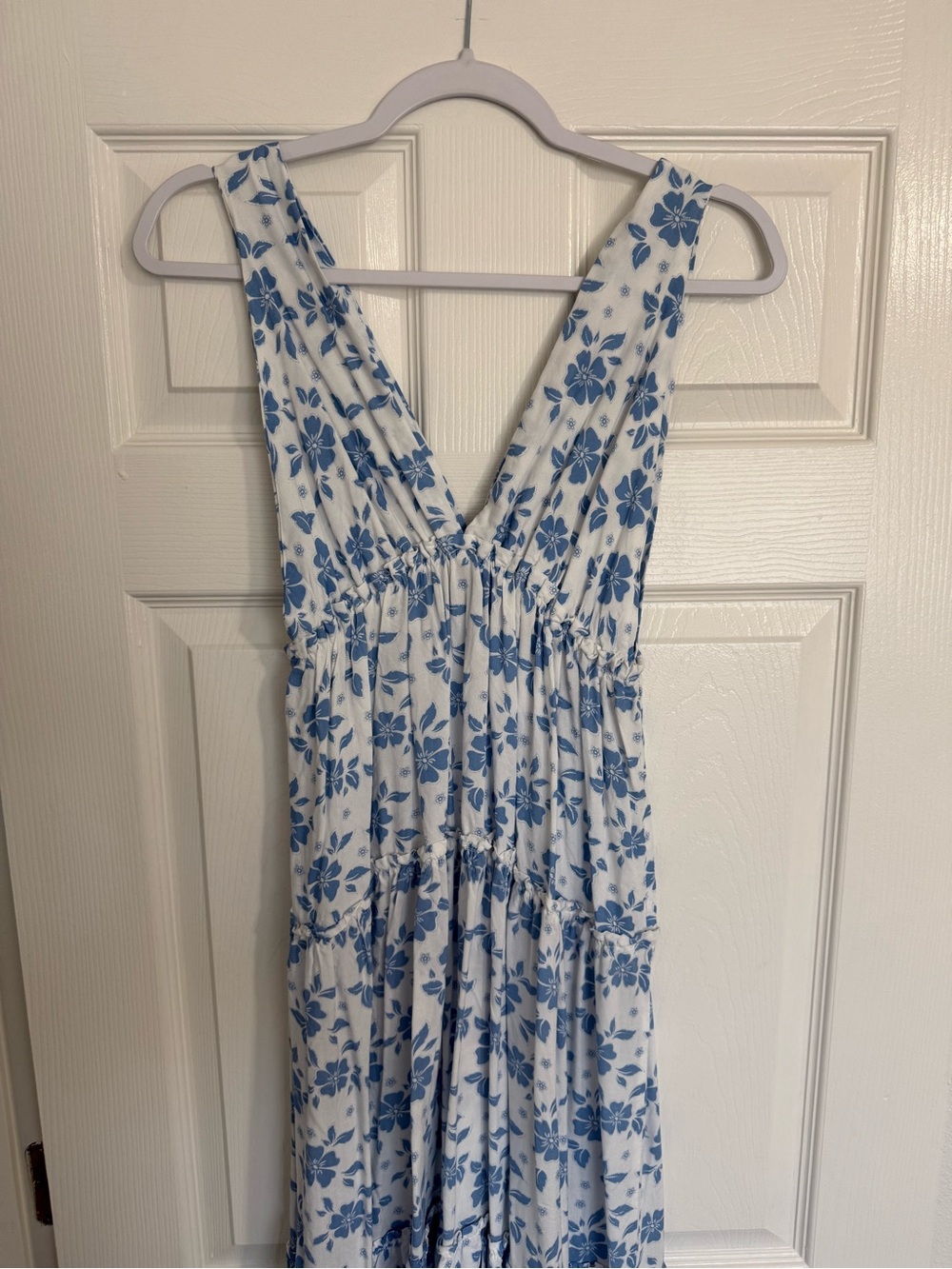 White and Blue Floral V-Neck Maxi Dress